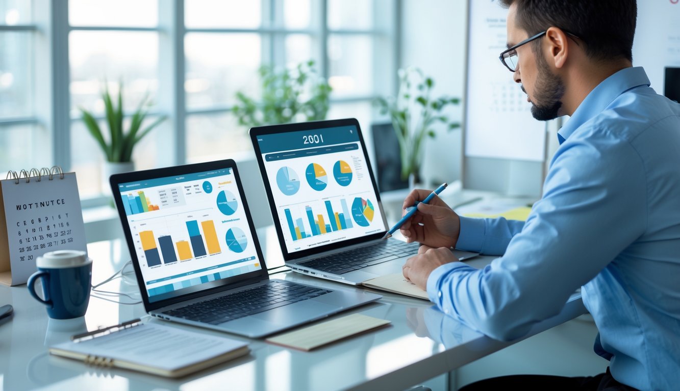 Seorang profesional sedang menganalisis data pada perangkat digital di meja kerja di kantor yang terang dan rapi.