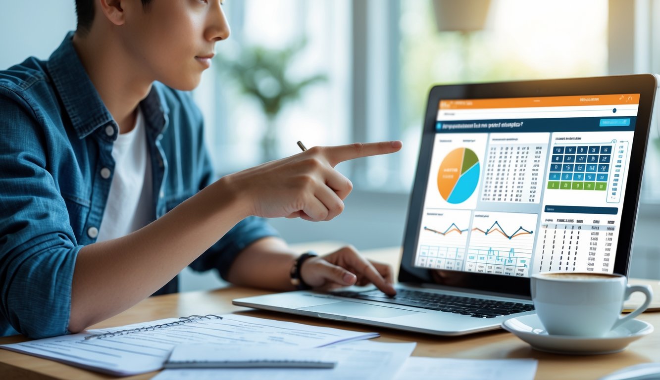 Seorang pemula yang fokus menganalisis angka lotre di laptop di ruang kerja yang terang dan rapi.