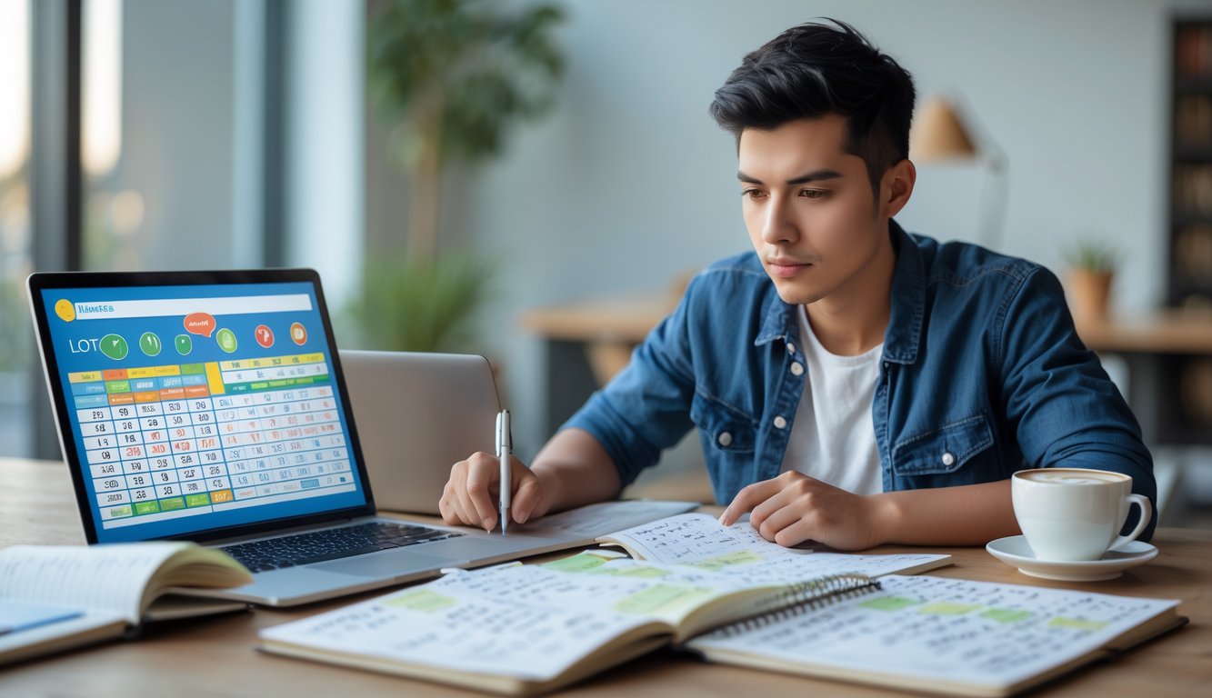 Seorang pemula yang fokus belajar prediksi angka dengan laptop dan catatan di meja kerja.