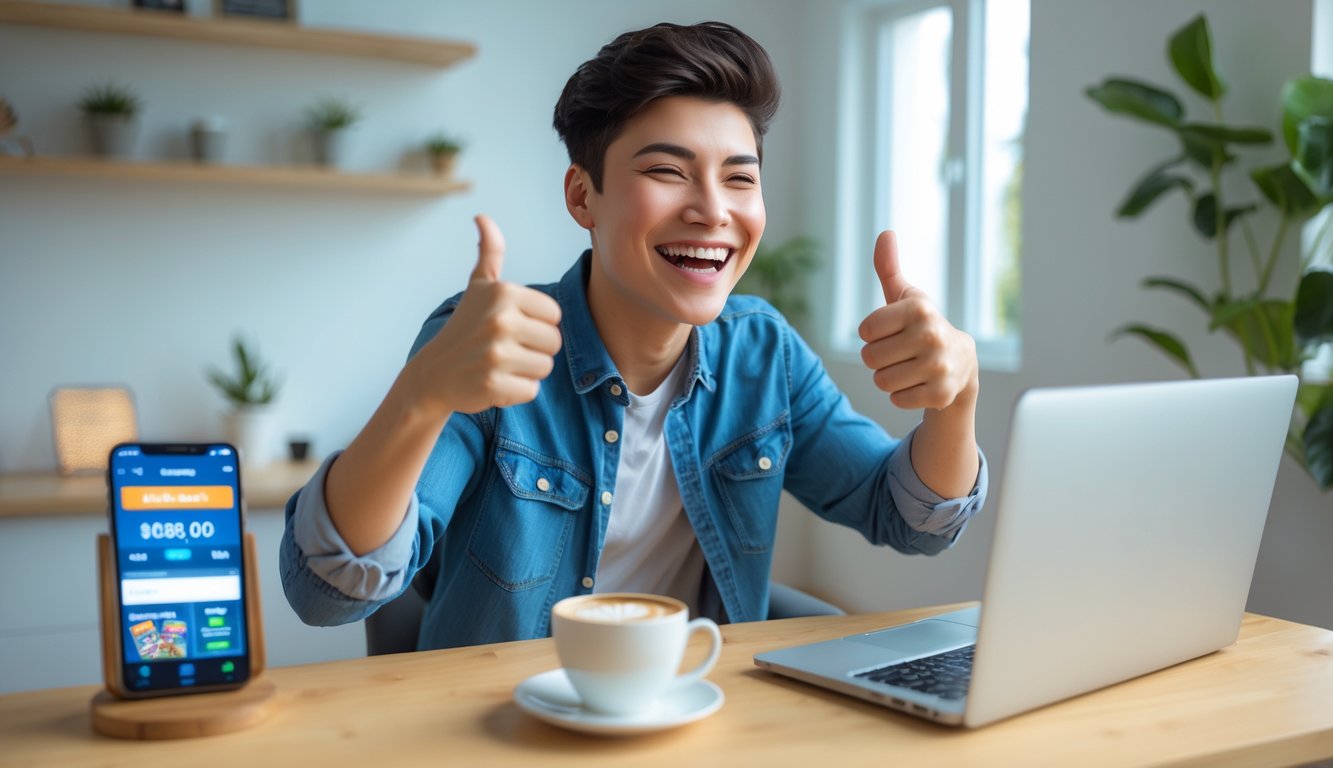 Seseorang muda yang bahagia menggunakan laptop di ruang kerja rumah yang terang sambil tersenyum dan mengacungkan jempol.