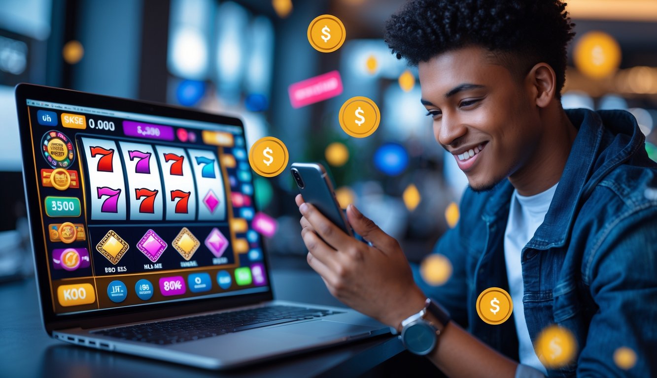 Seorang dewasa muda tersenyum menggunakan ponsel di meja kerja dengan laptop yang menampilkan permainan judi online.