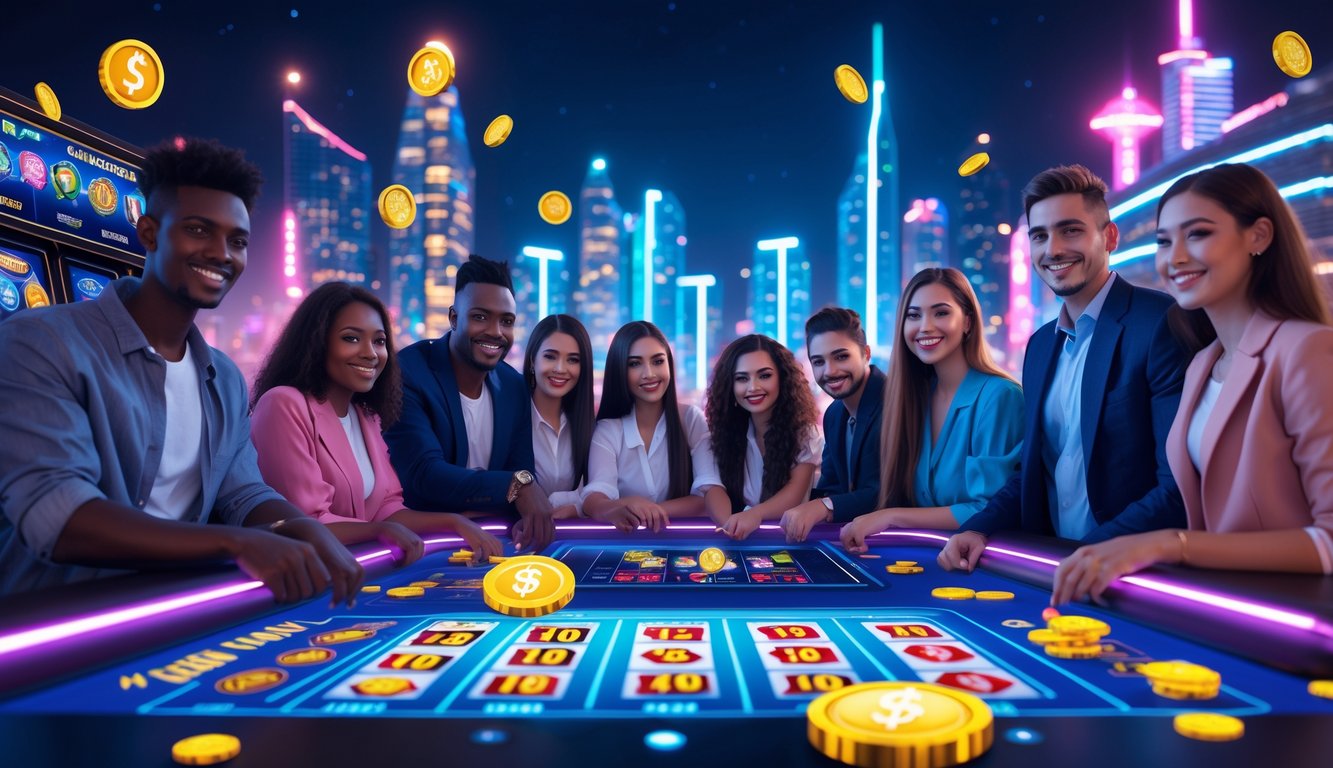 Sekelompok orang muda sedang berkumpul di sekitar meja touchscreen dengan tampilan permainan kasino digital dan koin bonus, di latar belakang pemandangan kota futuristik di malam hari.