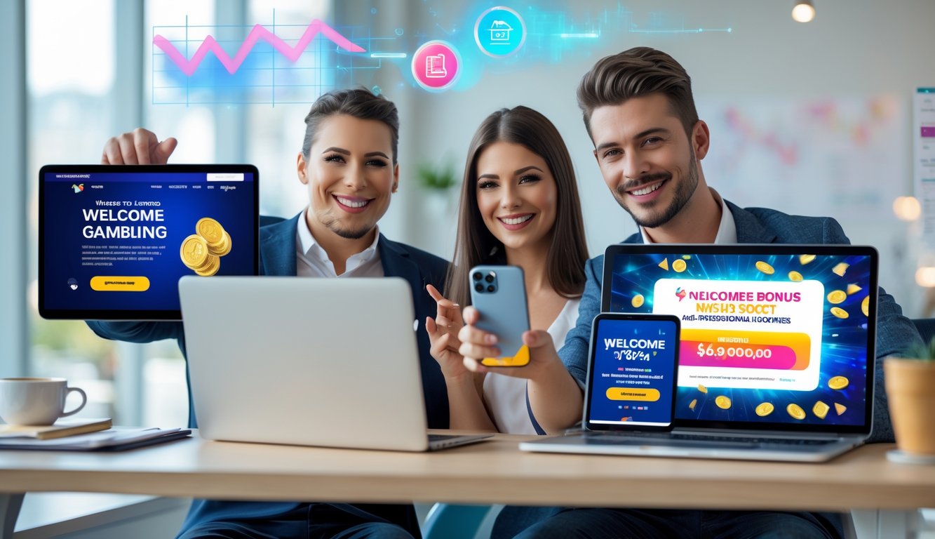 Dua orang muda duduk di meja kerja dengan laptop dan ponsel, melihat situs judi online dengan suasana kantor modern.