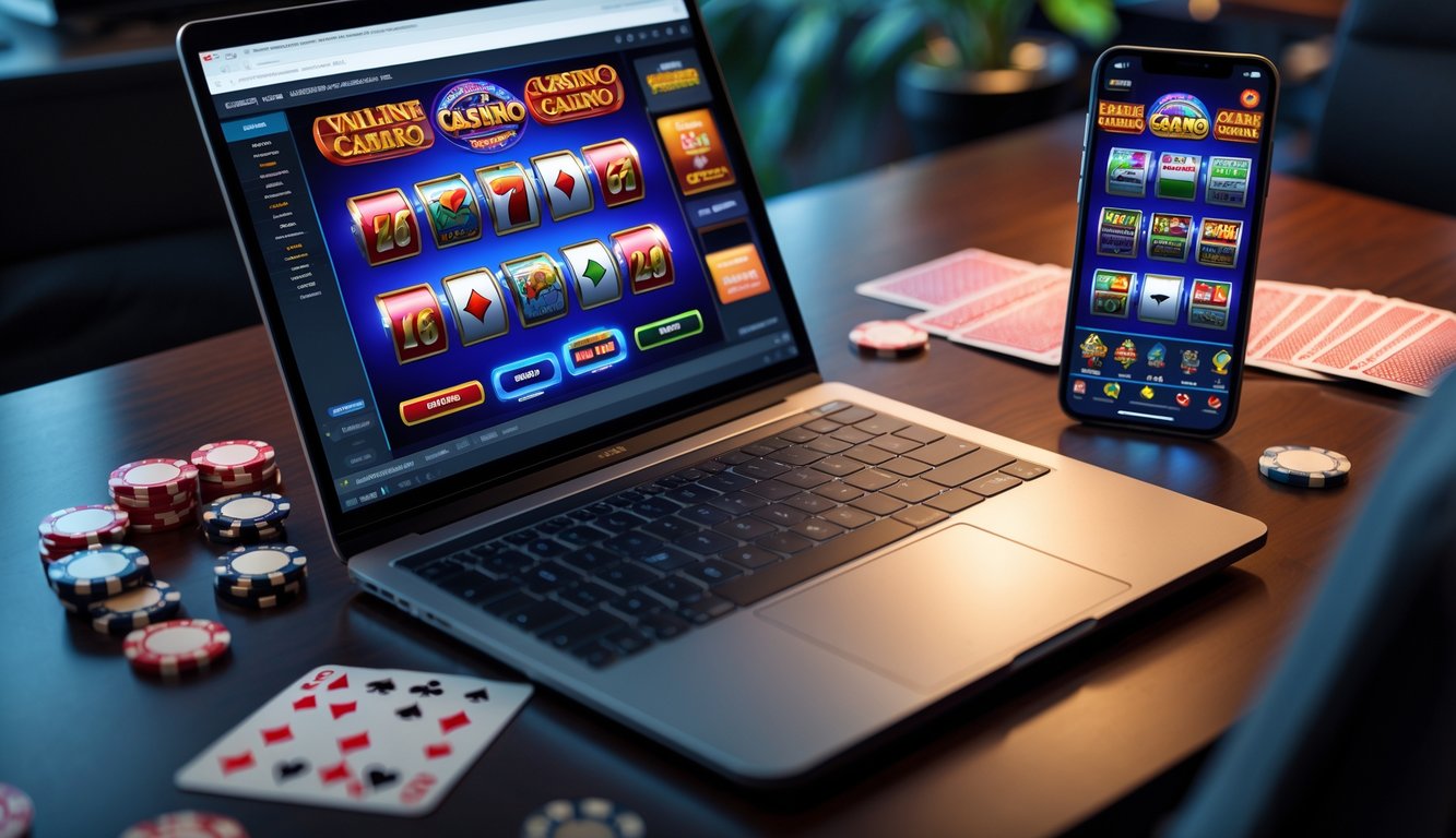 Seorang pengguna sedang bermain judi online di laptop dan ponsel di atas meja kayu dengan chip poker dan kartu remi di sekitarnya.