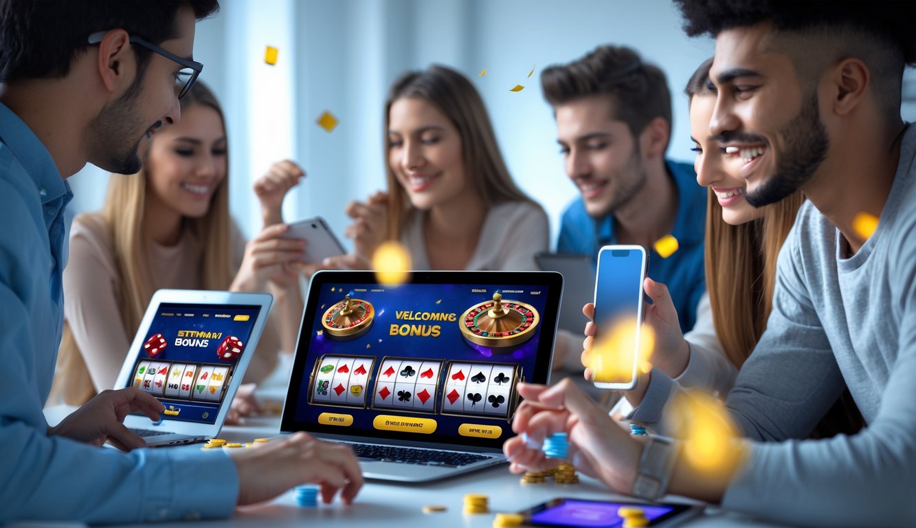 Sekelompok orang muda menggunakan perangkat digital untuk bermain permainan judi online di ruangan modern yang terang dan nyaman.