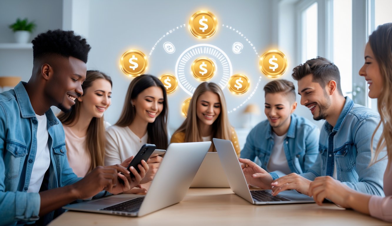 Sekelompok orang muda menggunakan laptop dan ponsel di ruangan modern dengan suasana ceria dan nyaman.