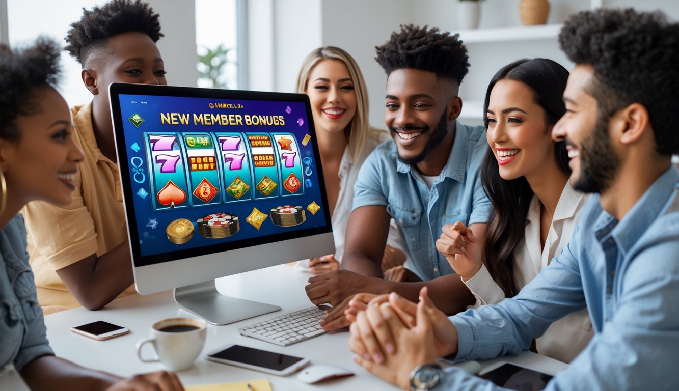 Beberapa orang muda sedang menggunakan komputer dengan tampilan permainan judi online di layar, terlihat suasana ceria dan santai di ruang tamu yang terang.