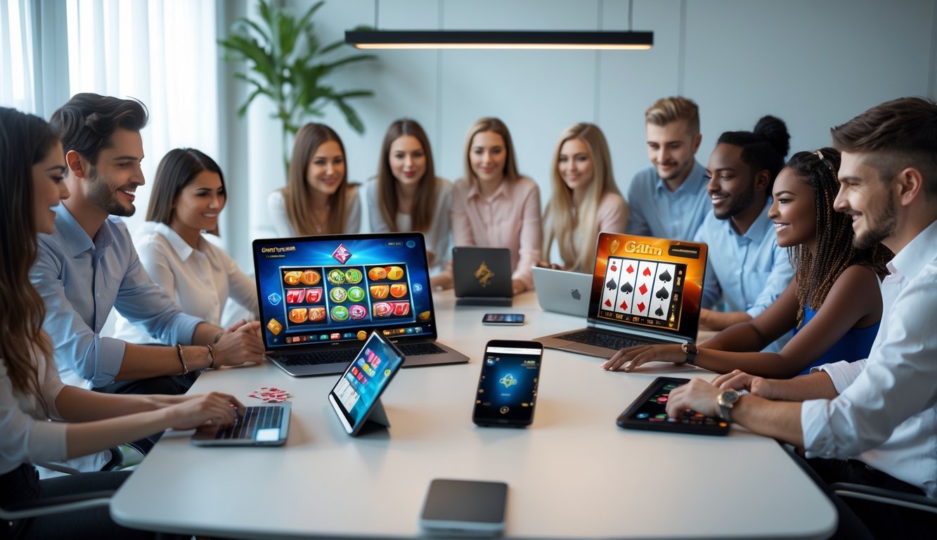 Sekelompok orang muda menggunakan perangkat digital untuk bermain judi online di ruang kantor modern.
