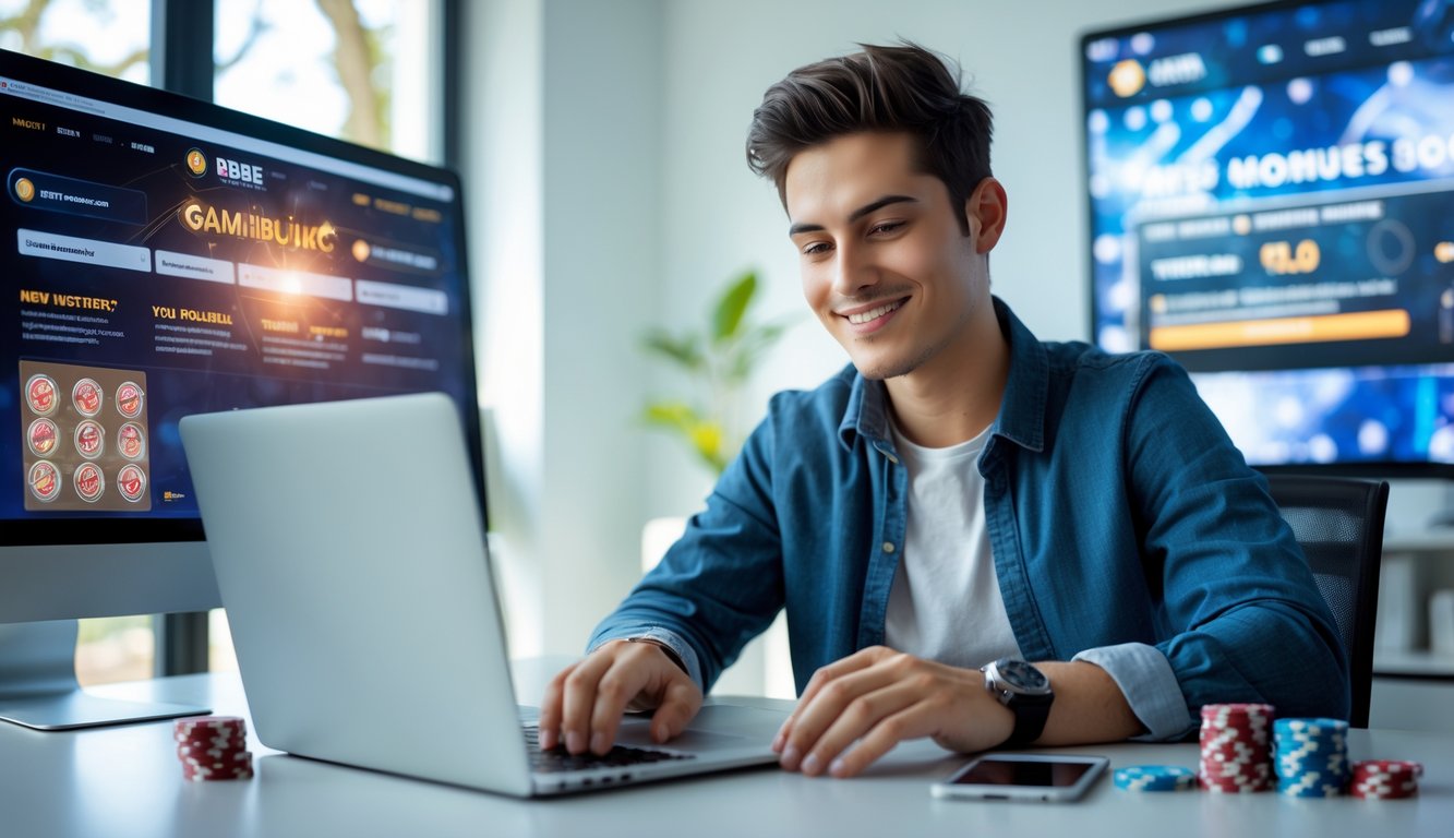 Seseorang muda duduk di meja dengan laptop dan alat permainan judi online, terlihat fokus dan optimis di ruang kerja yang terang.