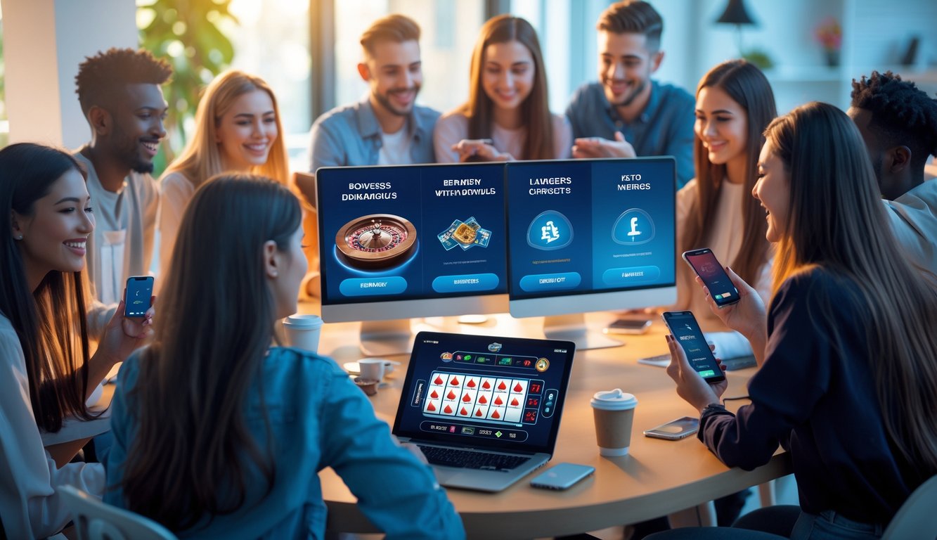 Sekelompok orang muda sedang menggunakan laptop dan ponsel untuk bermain judi online dengan suasana ceria dan nyaman di ruang kerja modern.