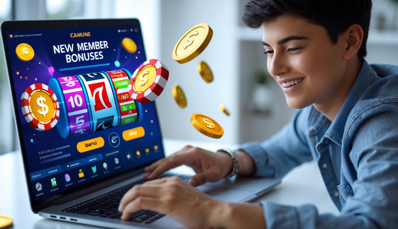 Seorang dewasa muda menggunakan laptop di ruang tamu modern, terlihat sedang bermain judi online dengan suasana yang positif dan nyaman.