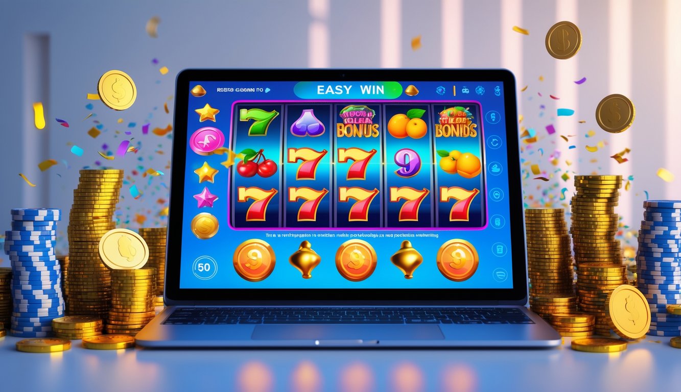 Seseorang menggunakan perangkat digital untuk bermain mesin slot online dengan chip poker dan koin di sekitar perangkat.