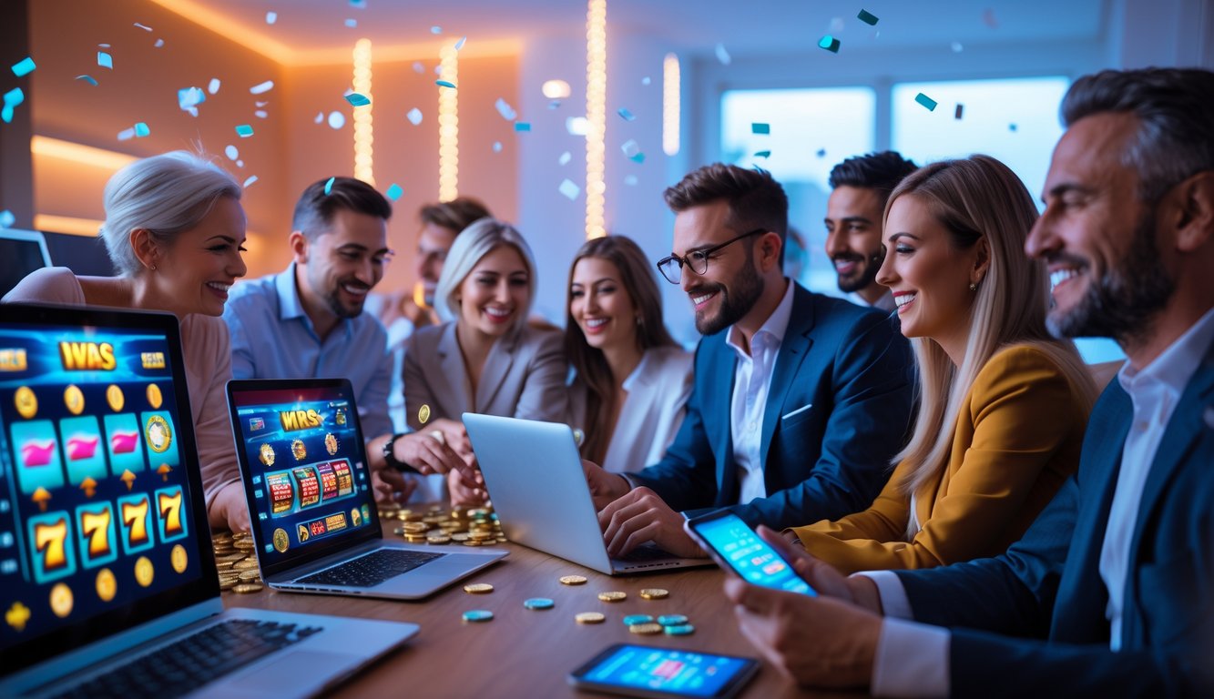 Beberapa orang dewasa sedang bermain mesin slot secara online menggunakan berbagai perangkat di ruangan yang terang dan nyaman.