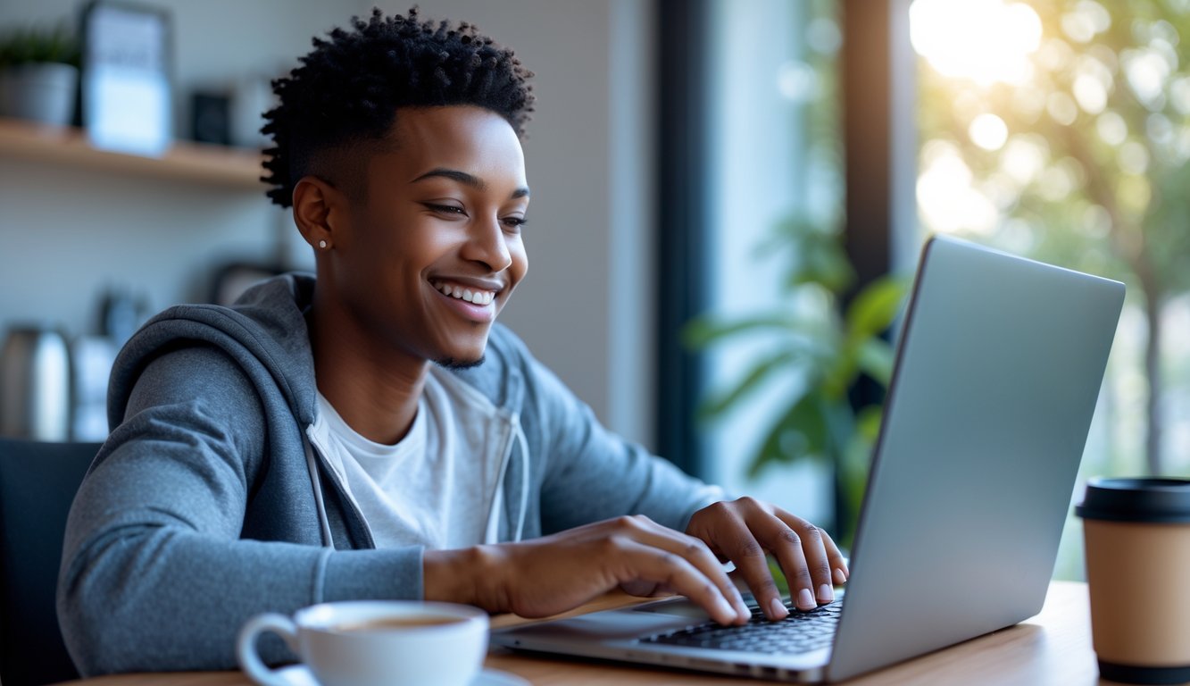 Seorang dewasa muda tersenyum menggunakan laptop di ruang kerja rumah yang nyaman dengan cahaya alami.