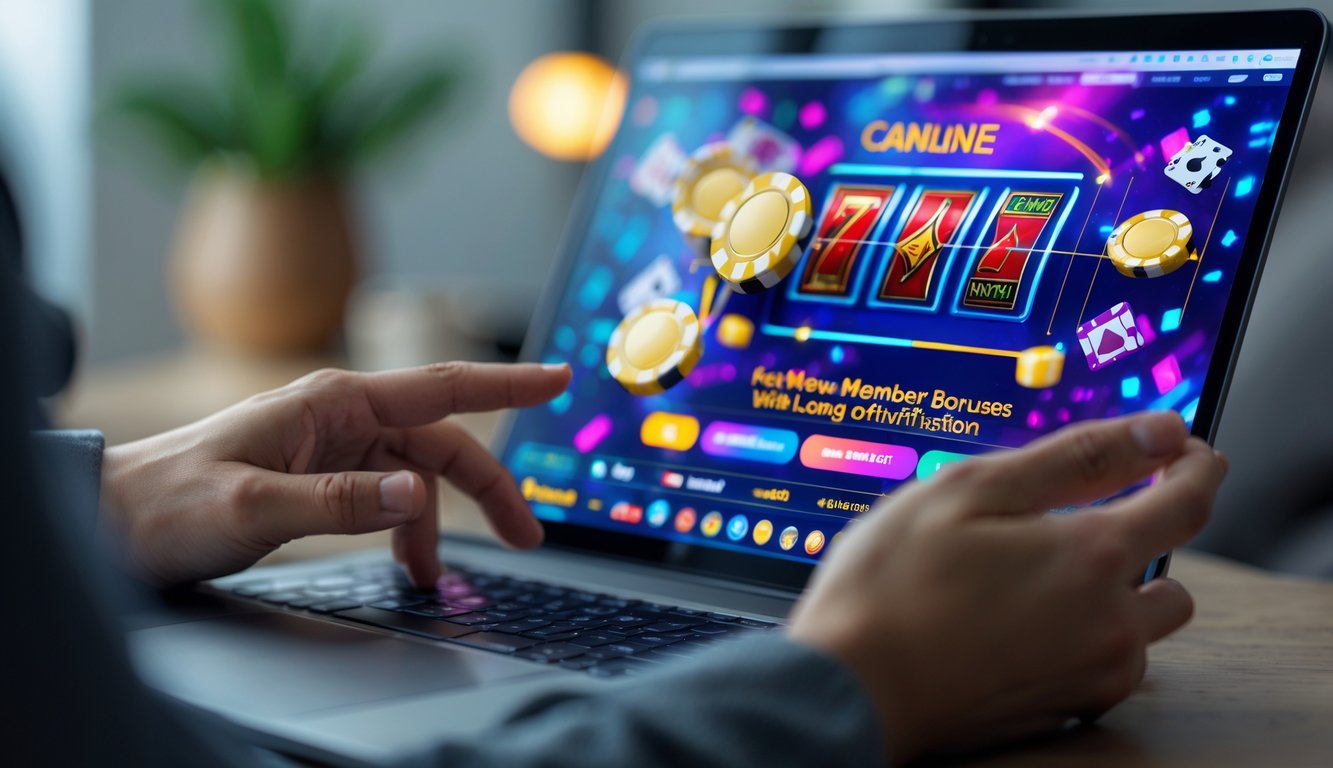 Tangan seseorang menggunakan laptop atau ponsel dengan tampilan situs judi online yang berwarna-warni di layar.