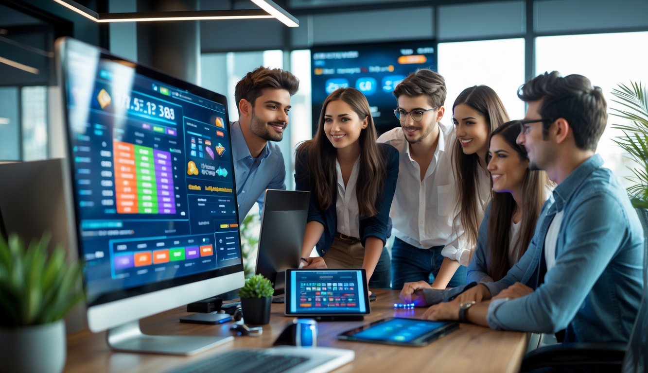 Sekelompok orang muda sedang bekerja bersama di kantor modern dengan layar komputer yang menampilkan grafik permainan online.