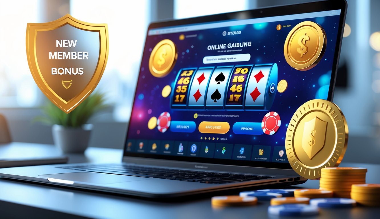 Sebuah laptop menampilkan layar permainan judi online dengan simbol kartu dan chip taruhan di atas meja yang rapi.