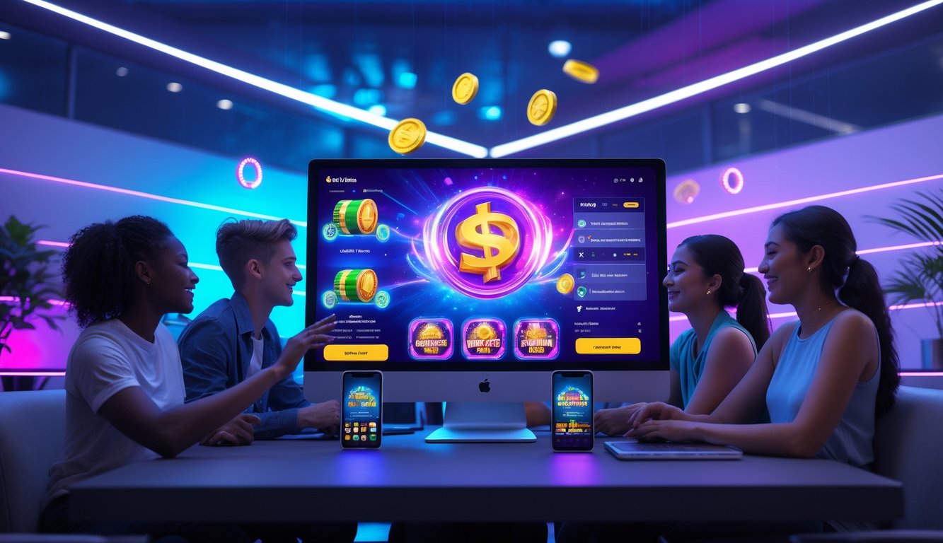 Sekelompok orang muda berkumpul di sekitar layar komputer besar dengan grafis permainan kasino online yang berwarna-warni di ruangan dengan pencahayaan neon biru dan ungu.