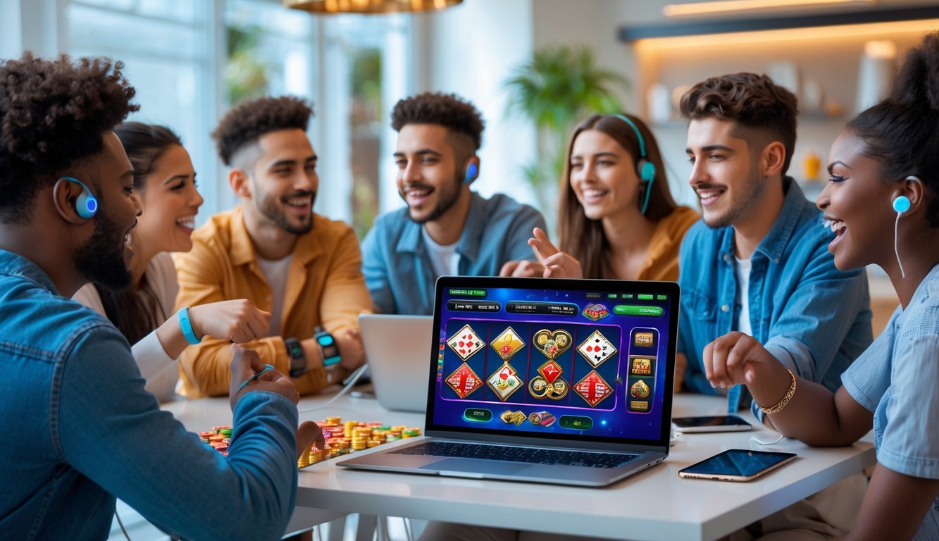 Sekelompok orang muda menikmati permainan judi online di laptop dan ponsel di ruang modern yang terang.