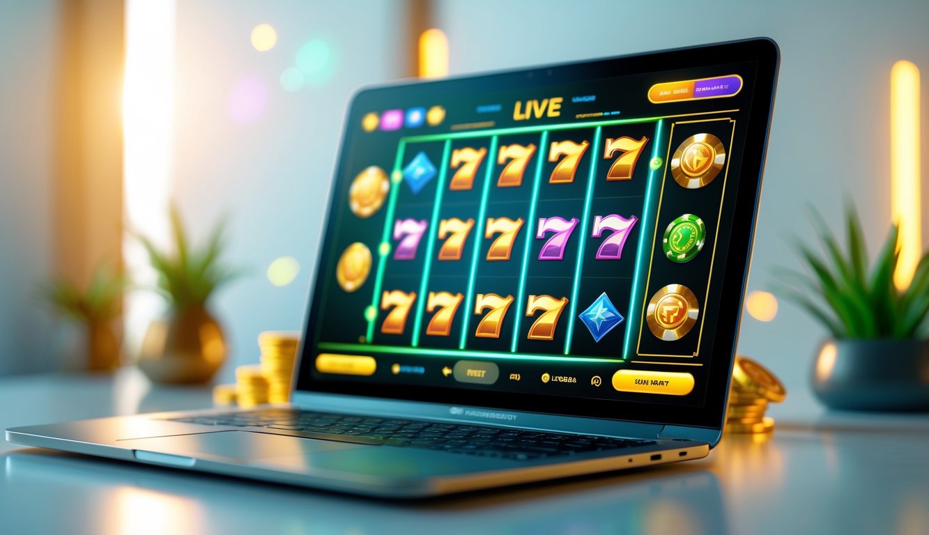 Seorang pengguna sedang bermain permainan slot online di komputer dengan tampilan grafis permainan yang berwarna-warni dan latar belakang bersih.