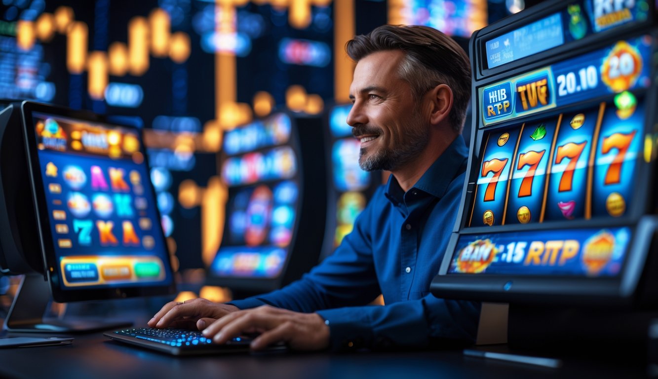 Seorang dewasa menggunakan komputer dengan tampilan permainan slot online yang berwarna-warni dan latar belakang dengan simbol persentase RTP.