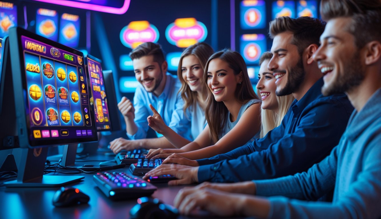 Beberapa orang muda bermain permainan slot online di depan layar komputer dengan suasana ceria dan penuh semangat.