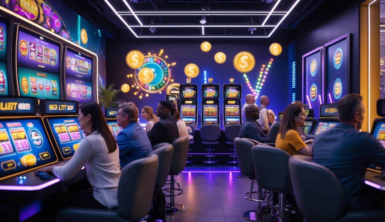 Beberapa orang dewasa bermain mesin slot online di ruangan modern dengan layar komputer besar yang menampilkan permainan slot berwarna-warni.