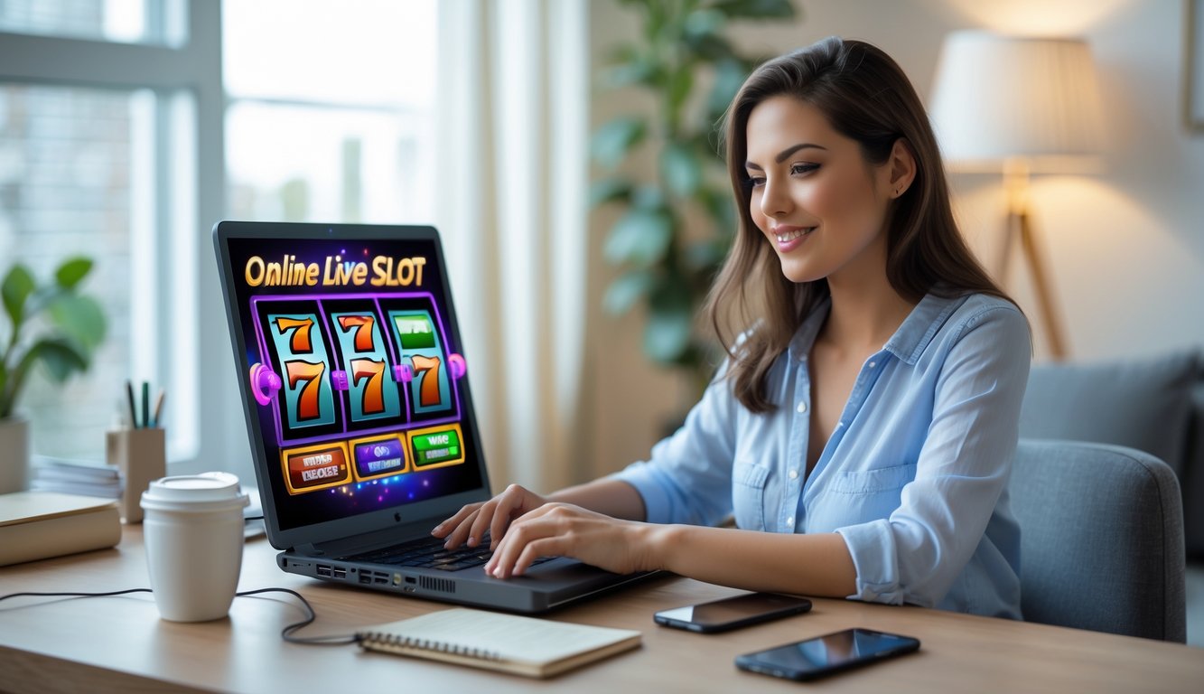 Seorang wanita muda duduk di meja sambil bermain permainan slot online di laptop dengan ekspresi fokus dan percaya diri.