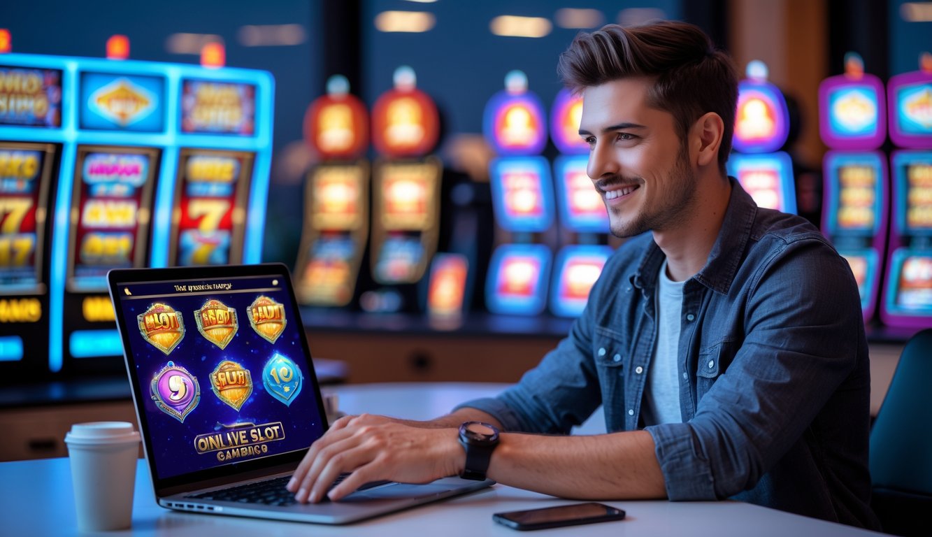 Seorang pria muda duduk di depan laptop dengan layar permainan slot online berwarna-warni, di meja dengan kopi dan ponsel, di ruangan terang dengan elemen tema kasino di latar belakang.