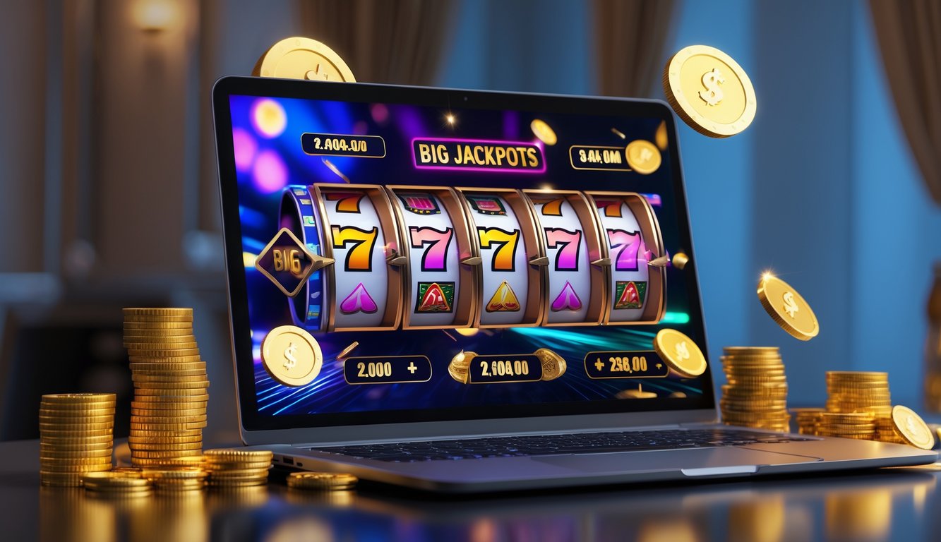 Seorang pengguna sedang bermain mesin slot online di komputer dengan suasana kasino yang mewah dan chip serta koin di sekitar layar.