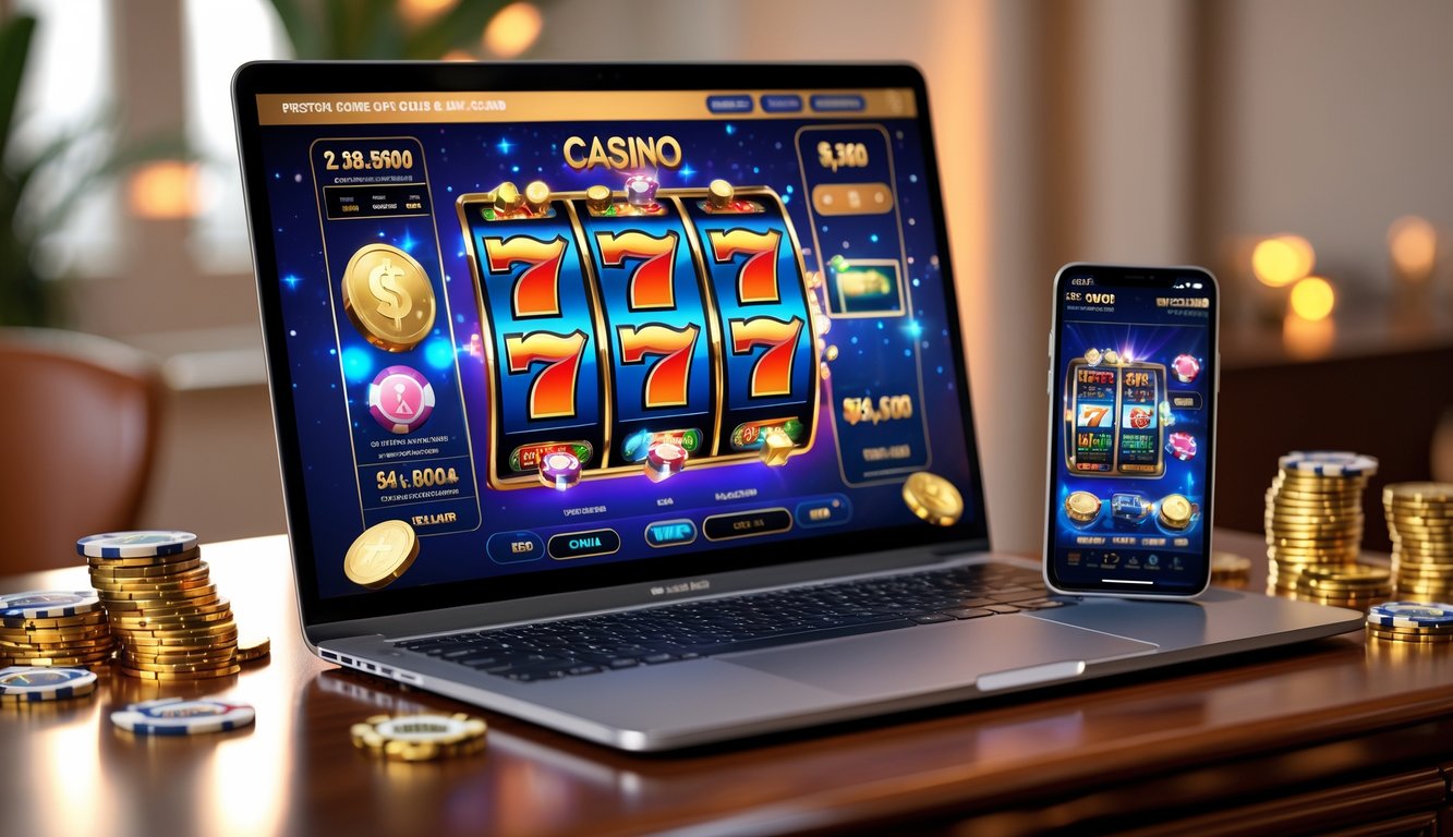 Layar laptop dan ponsel menampilkan permainan slot online dengan dealer langsung dan jackpot besar di atas meja kayu, dikelilingi oleh chip poker dan kartu remi.