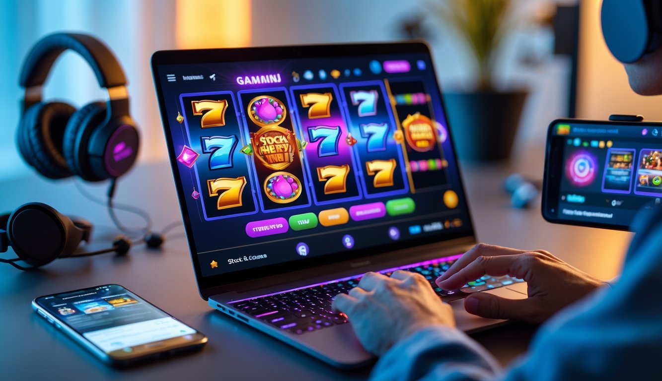Seseorang sedang bermain judi slot online di laptop dengan tampilan permainan slot yang berwarna-warni di layar, di meja kerja dengan pencahayaan hangat.