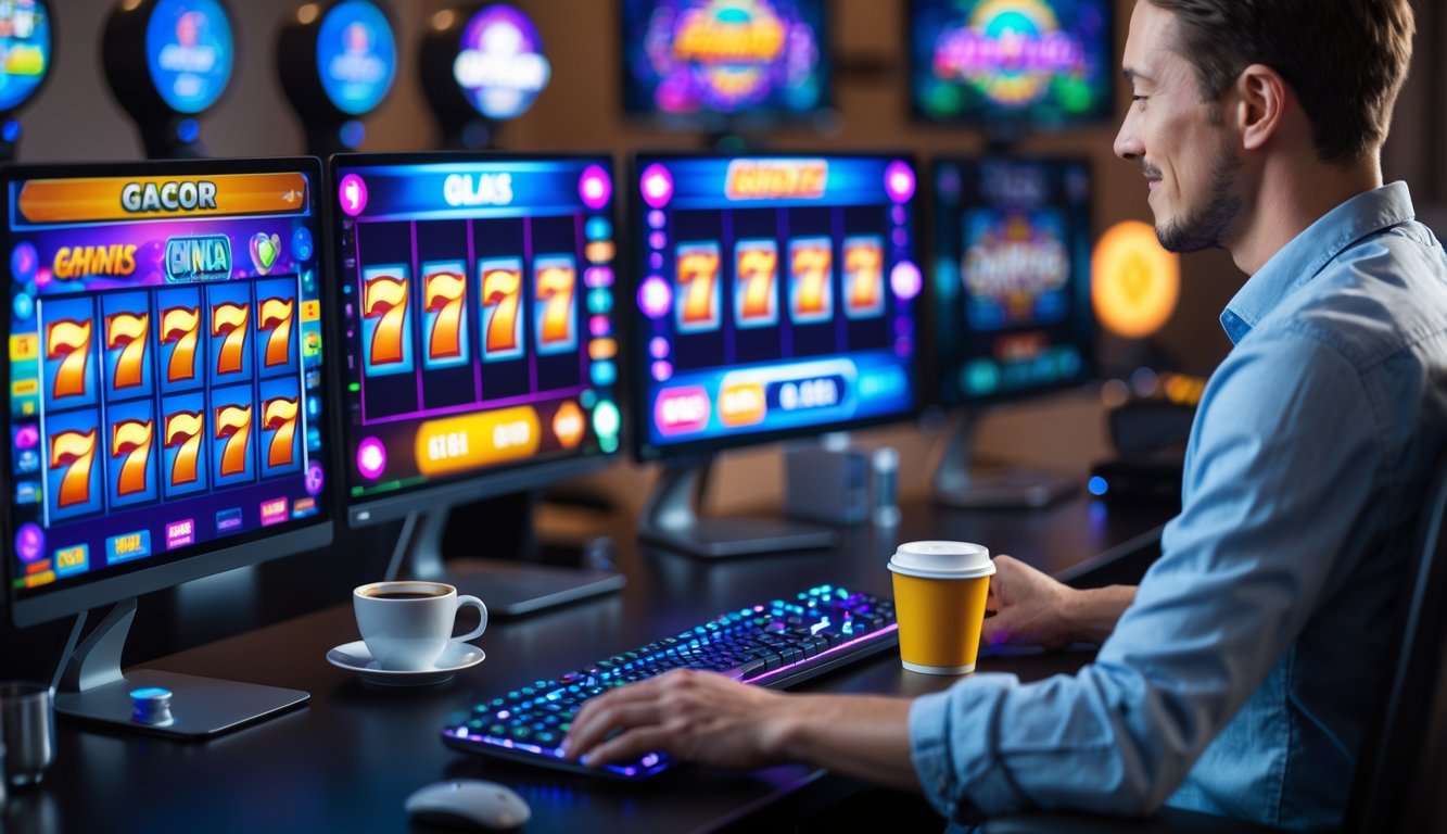 Seseorang duduk di depan komputer dengan layar menampilkan permainan slot online berwarna-warni, terlihat fokus dan serius bermain.