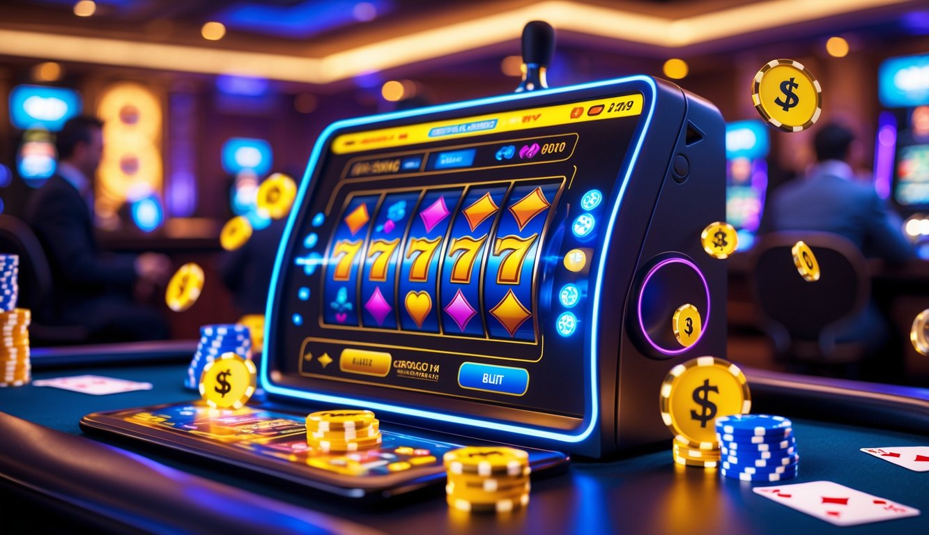 Tampilan antarmuka permainan slot online dengan latar belakang kasino langsung dan elemen bonus yang menarik.