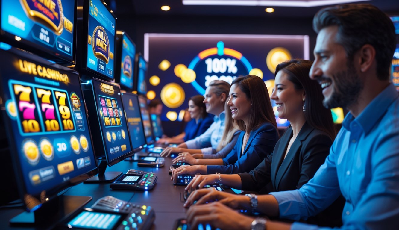 Orang-orang sedang bermain slot online dan kasino langsung di sebuah ruangan modern dengan layar komputer yang menampilkan permainan dan simbol bonus.