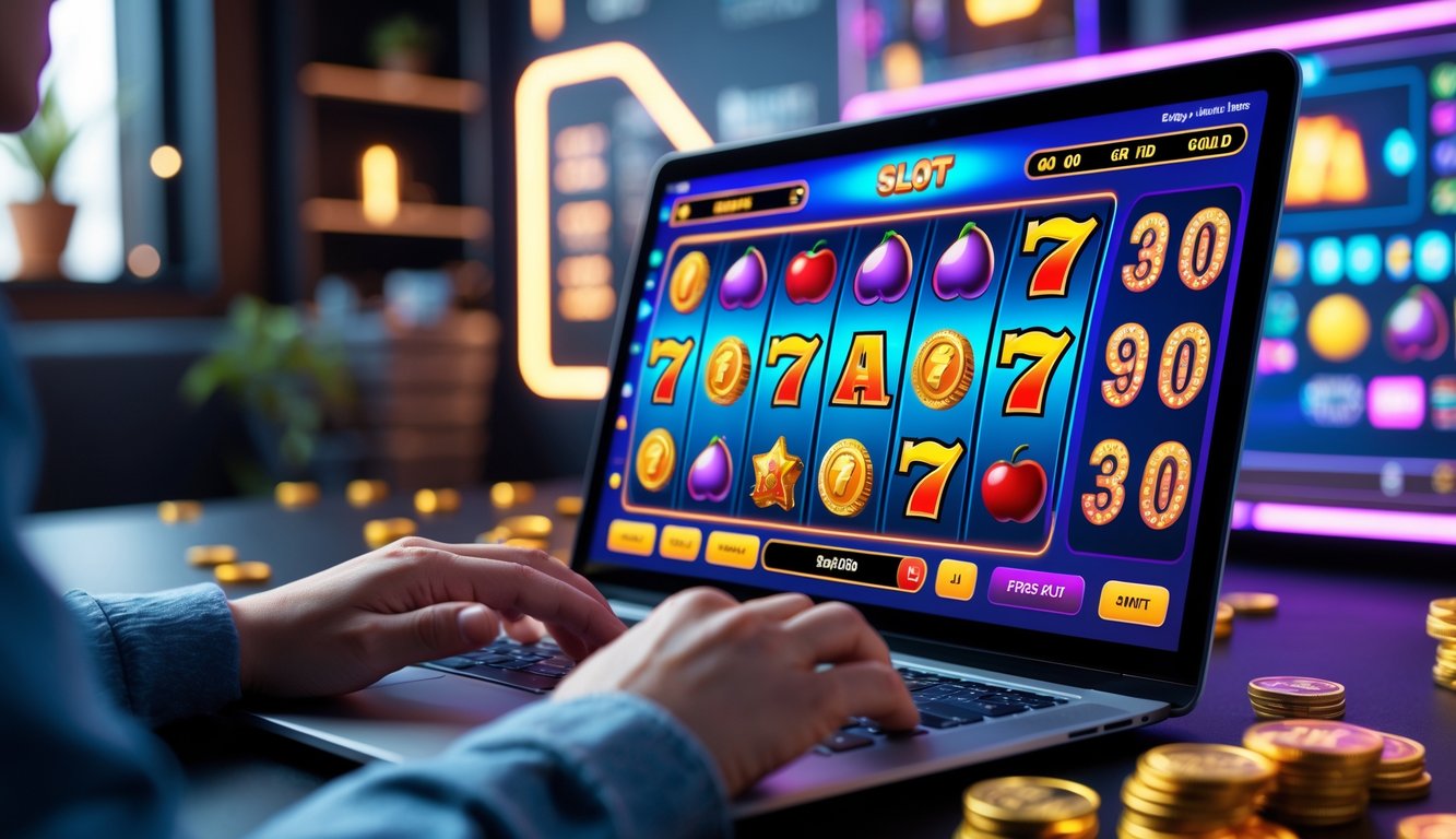 Seorang pemain menggunakan laptop dengan tampilan permainan slot online yang sedang berputar dan simbol kemenangan di layar.