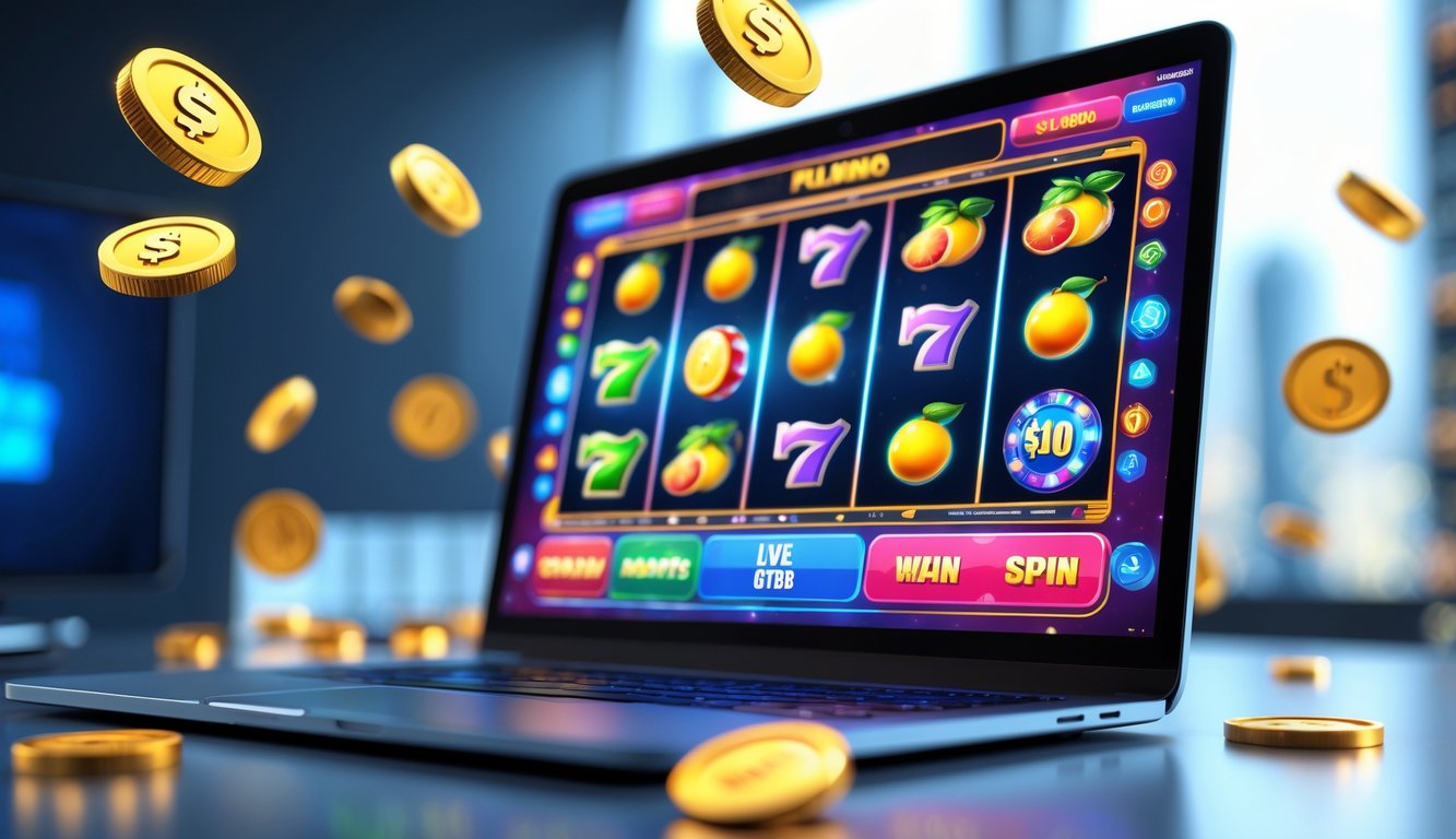 Seseorang sedang bermain game slot online di komputer dengan tampilan layar penuh simbol slot dan koin yang berkilauan.