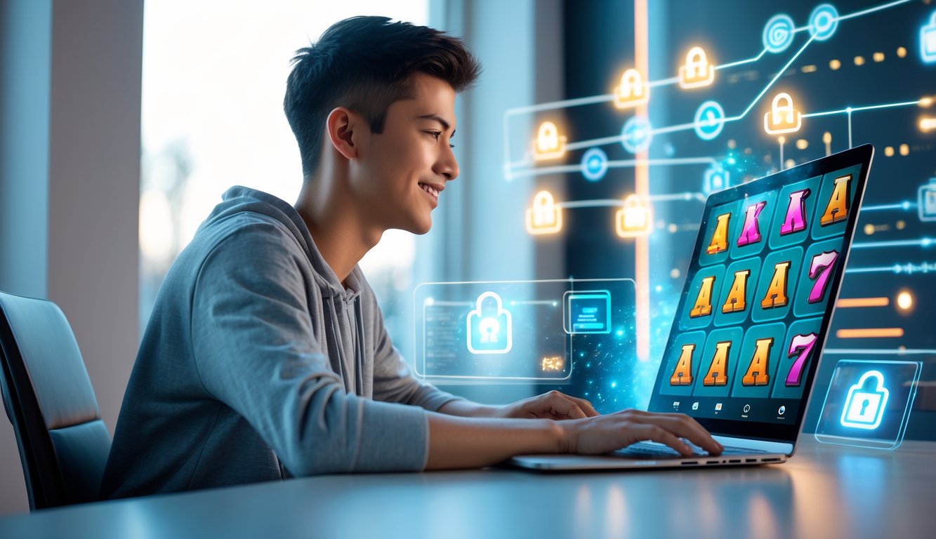 Seorang dewasa muda duduk di meja dengan laptop yang menampilkan permainan slot online, di ruangan modern yang terang dan bersih.