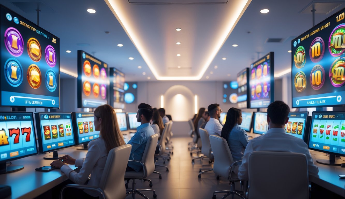 Beberapa orang sedang bermain game slot online dengan komputer di ruangan yang terang dan modern, menampilkan suasana aman dan terpercaya.