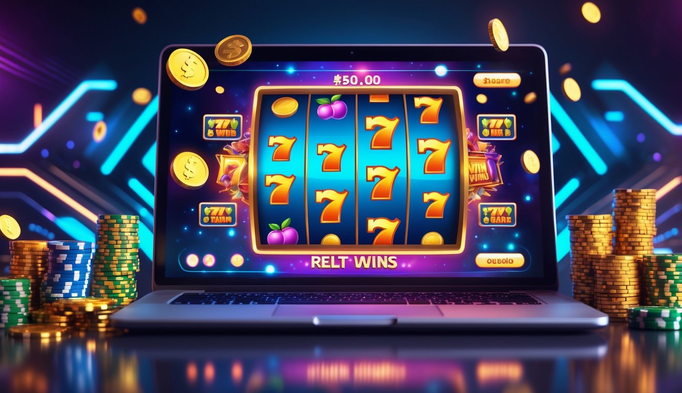 Layar komputer menampilkan permainan slot online dengan simbol berwarna cerah dan suasana yang penuh semangat dan kemenangan.