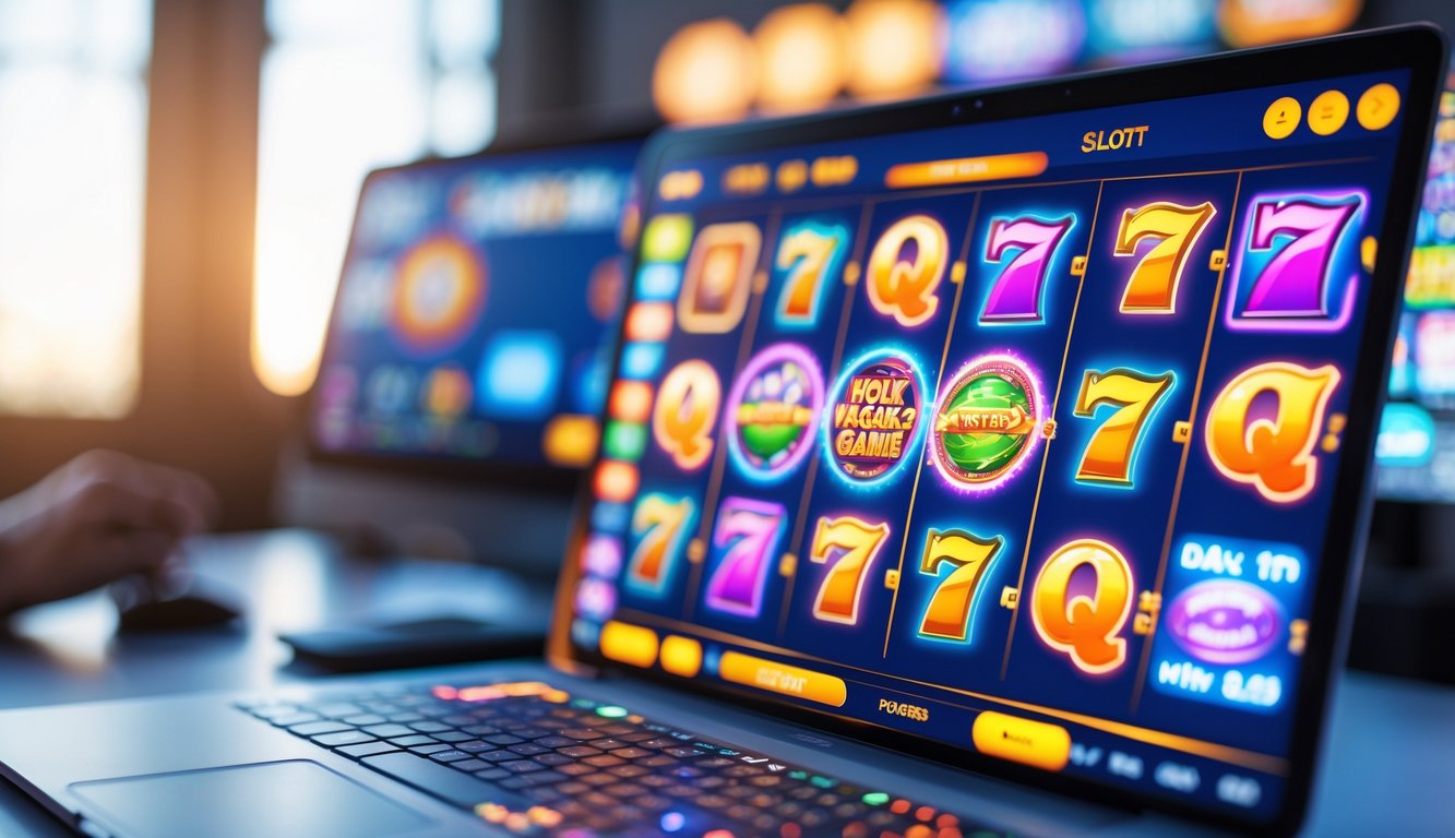 Seorang pengguna sedang bermain permainan slot online di komputer dengan tampilan permainan yang cerah dan berwarna-warni.