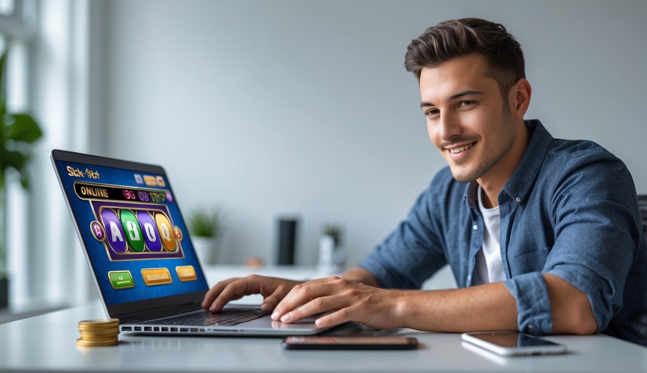 Seorang pria muda duduk di depan laptop dengan tampilan permainan slot online, terlihat fokus dan senang bermain judi slot live.