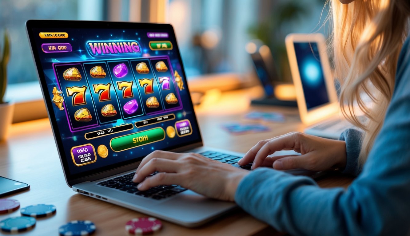 Seseorang bermain judi slot online di laptop di meja kerja yang rapi dengan suasana hangat dan fokus.