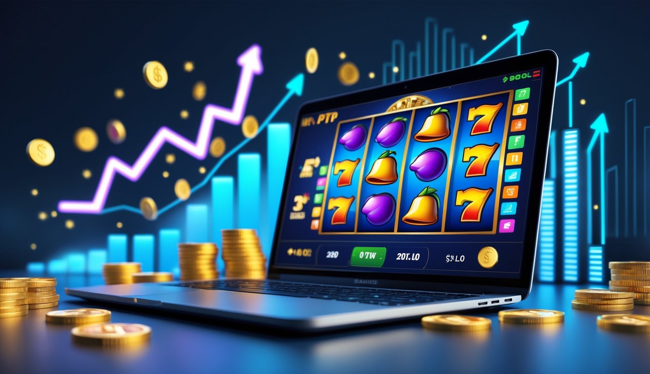 Seseorang menggunakan komputer dengan tampilan permainan slot online yang berwarna-warni dan grafik keuangan di latar belakang.