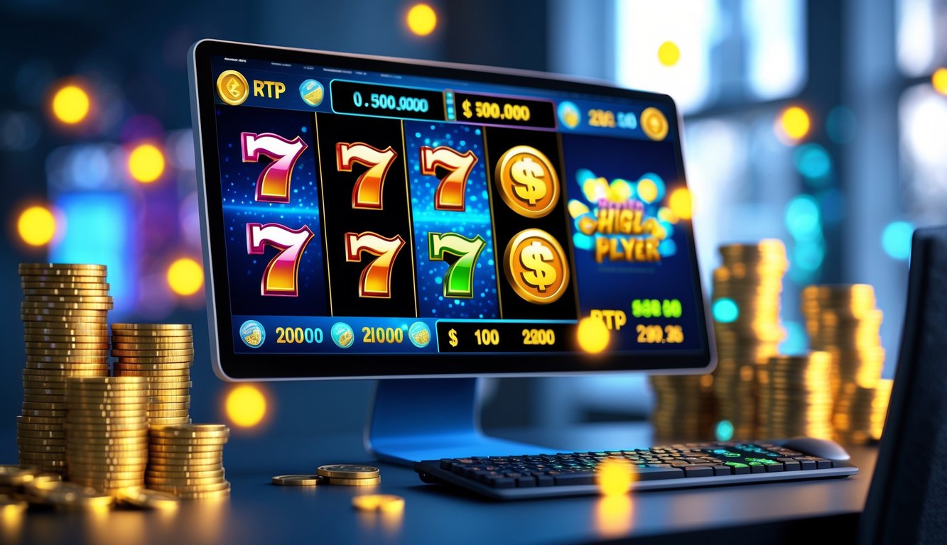 Sebuah meja kerja modern dengan komputer yang menampilkan permainan slot online berwarna-warni dan simbol koin serta chip poker di sekitarnya.