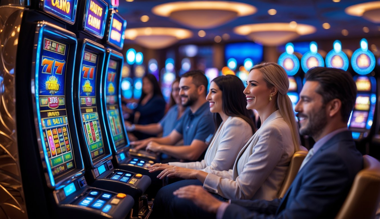 Orang-orang bermain mesin slot berwarna-warni di dalam kasino modern yang bersih dan terang.