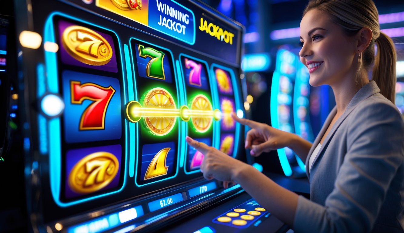 Seorang pemain sedang menggunakan perangkat layar sentuh dengan tampilan mesin slot berwarna-warni dan simbol kemenangan di layar.