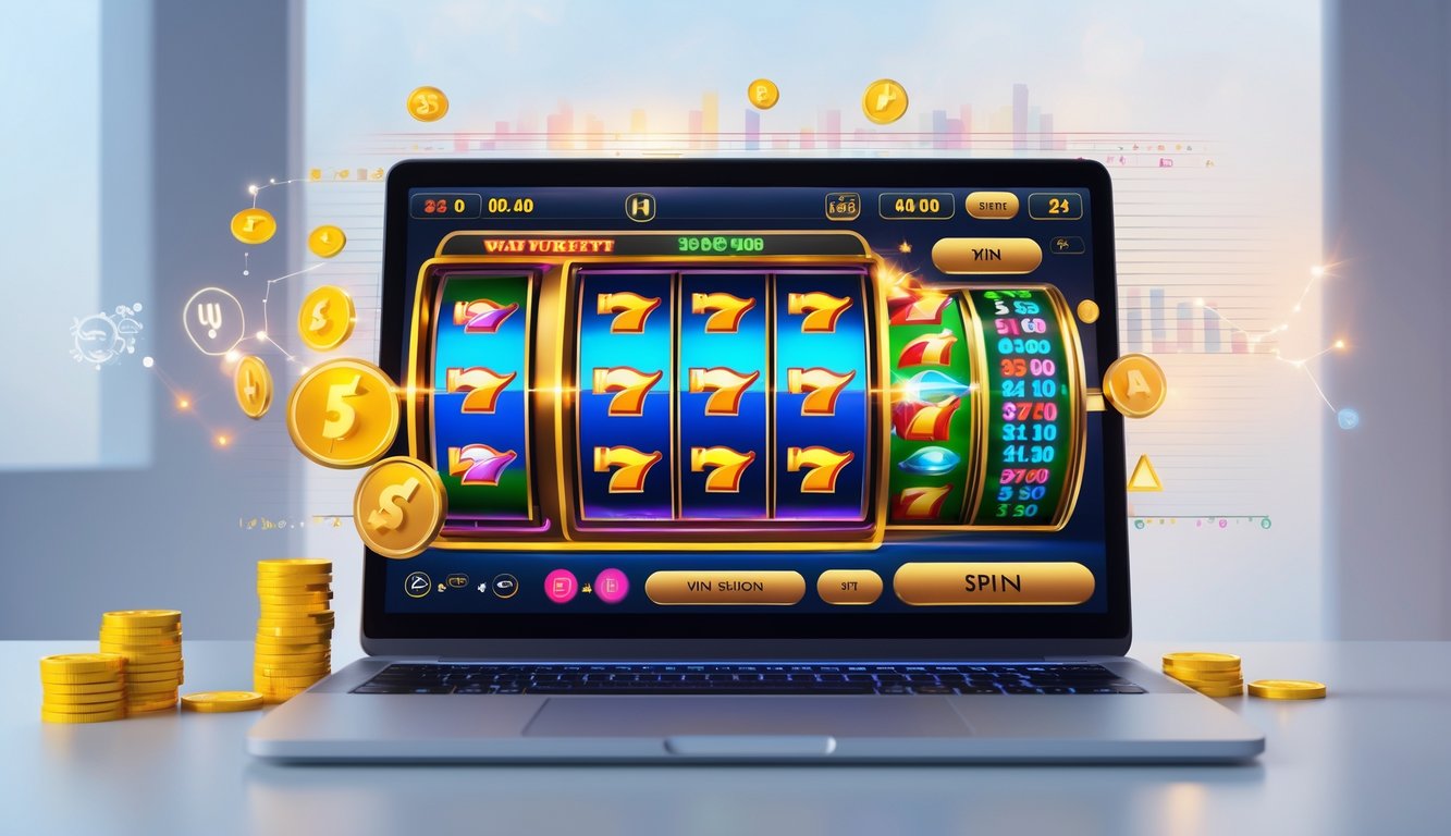 Layar komputer menampilkan permainan mesin slot online dengan kombinasi kemenangan, di atas meja kerja yang rapi.