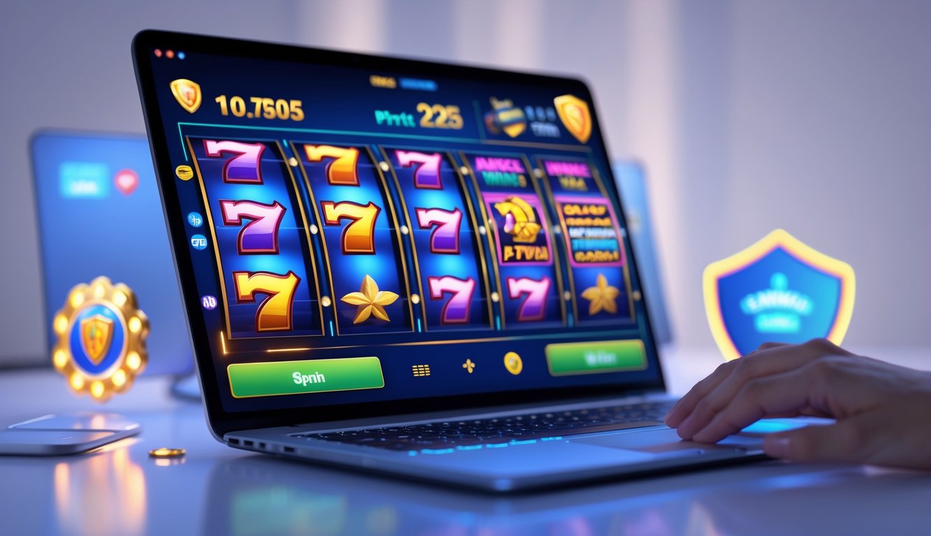 Seseorang menggunakan komputer dengan tampilan permainan slot online yang berwarna-warni dan simbol kemenangan di layar.