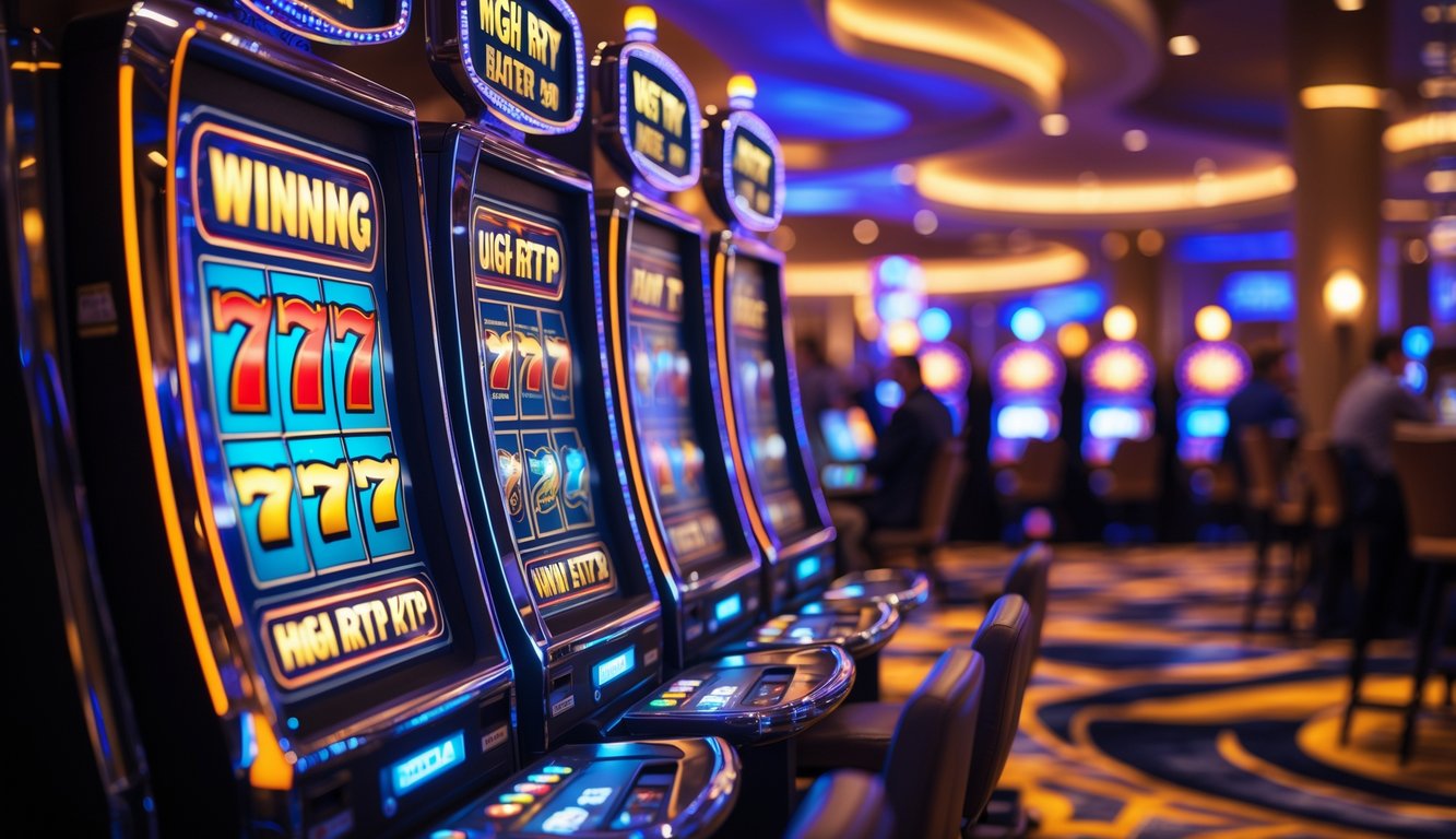 Area mesin slot kasino dengan beberapa mesin slot menyala dan pola kemenangan yang terlihat di layar.